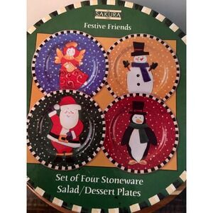 Sakura Stoneware Salad Dessert Plates Festive Friends Christmas In Original Box